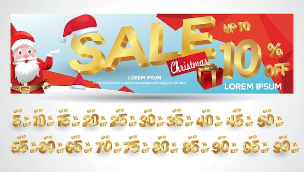 Christmas Sale Banner with discount tag 10,20,30,40,50,60,70,80,90,99 percent