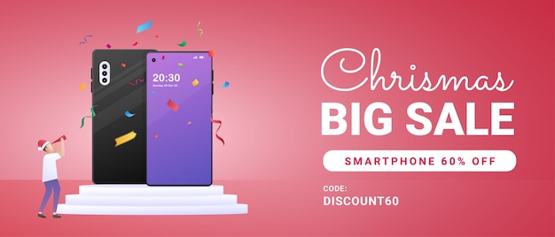 Vector christmas sale banner with smartphone illustration and tiny people