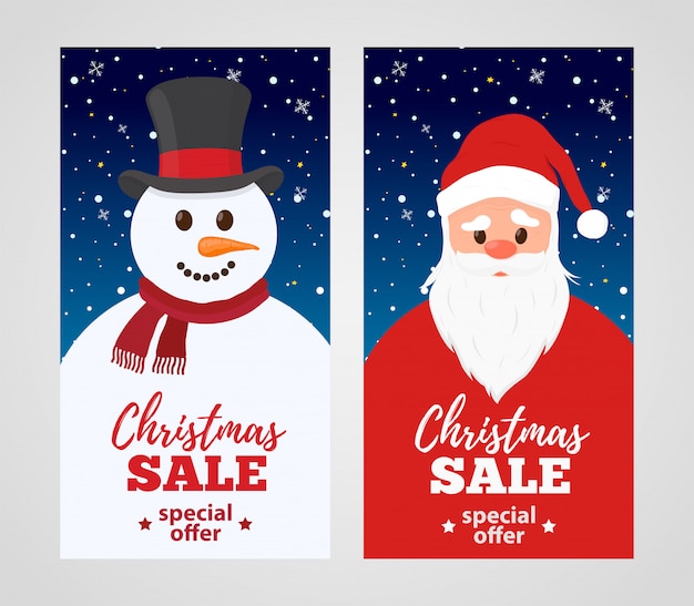 Christmas sale cards with Santa Claus snowman.