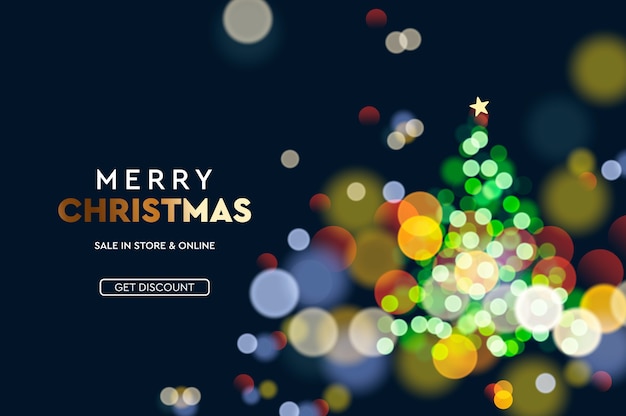 Christmas Sale. Christmas tree sparkle blur bokeh effect horizontal background.