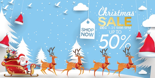 Christmas sale discount offer. Cartoon Santa's hat in forest snow scene for New Year promo