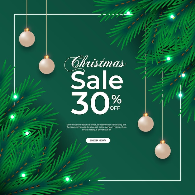 Christmas sale post  with green pine branch Christmas ball and star light