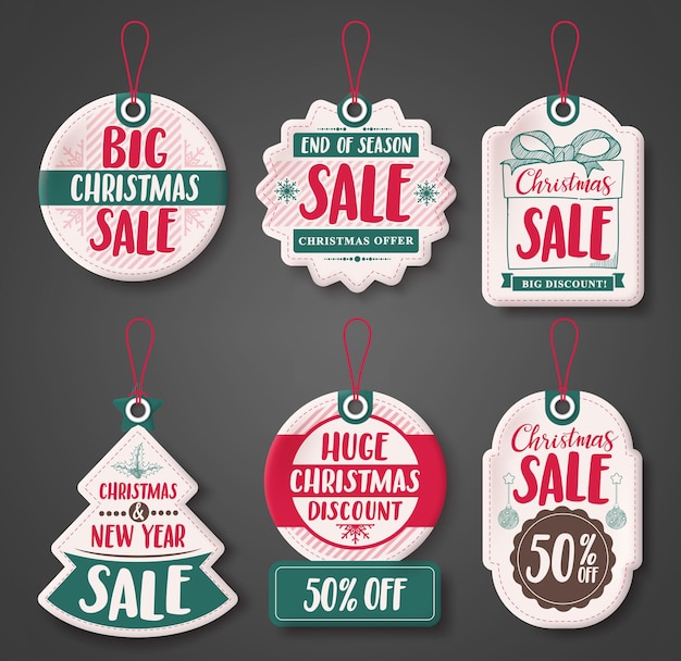 Christmas sale price tags vector set with different discount text and shapes of white paper cut