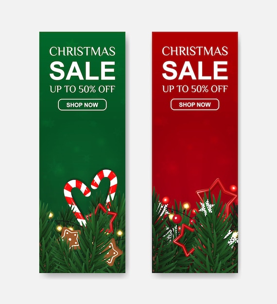 Christmas sale set of vertical discount banners  with fir branches sweets and snowflakes