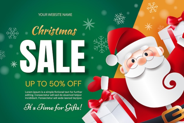 Christmas sale time for gifts. Santa Claus with gifts announces holiday discounts.