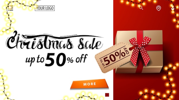 Christmas sale, up to 50 off, white and red discount banner for website with present with price tag, top view