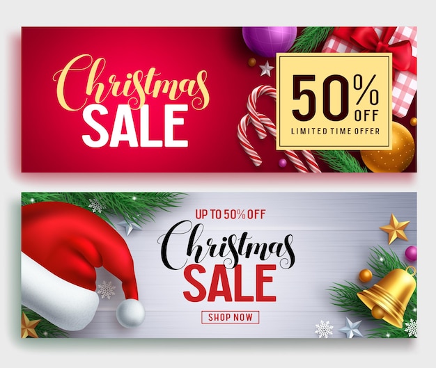 Christmas sale vector banner set with sale discount text and colorful christmas elements.