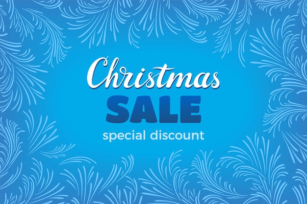 Christmas sale vector banner with icy frosty patterns on blue background