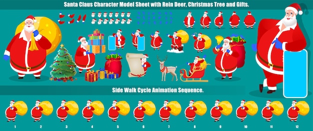 Christmas Santa Claus Character Design Model Sheet with walk cycle animation and lip sync