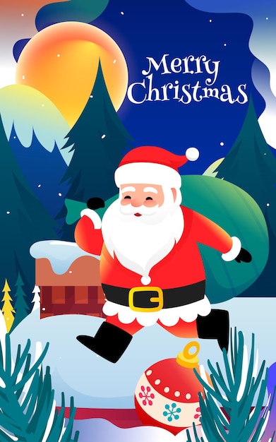 Christmas, Santa Claus delivering gifts, happy eve, pine trees and forest in the background, vector