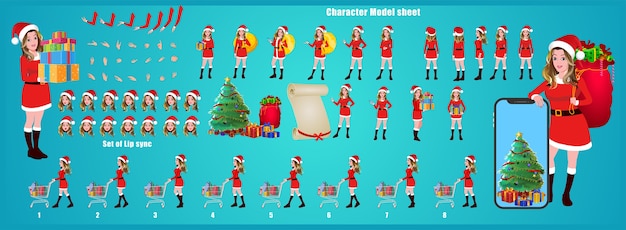 Christmas Santa Girl Character Design Model Sheet with walk cycle, lip sync, christmas tree and gift