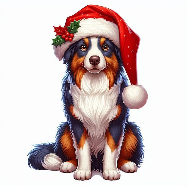 Christmas Santa Hat Australian Shepherd Dogs Vector Cartoon illustration white background