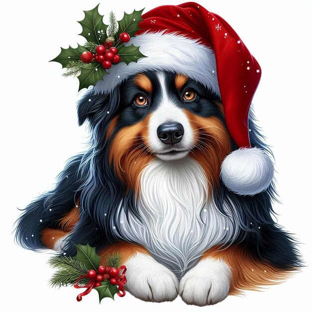 Christmas Santa Hat Australian Shepherd Dogs Vector Cartoon illustration white background