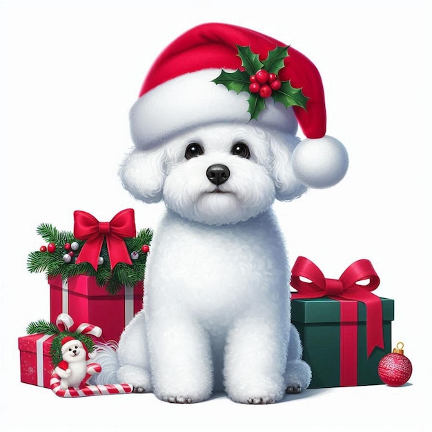 Christmas Santa Hat Bichon Dog Vector Cartoon illustration white background