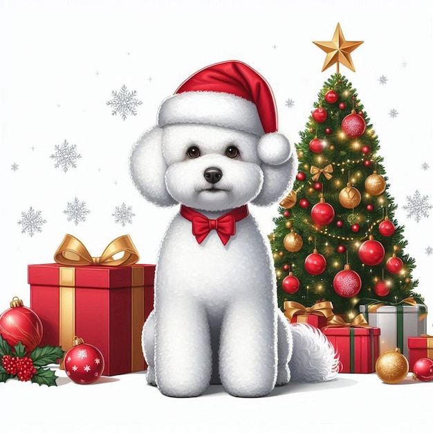 Christmas Santa Hat Bichon Frise Dogs Vector Cartoon illustration white background