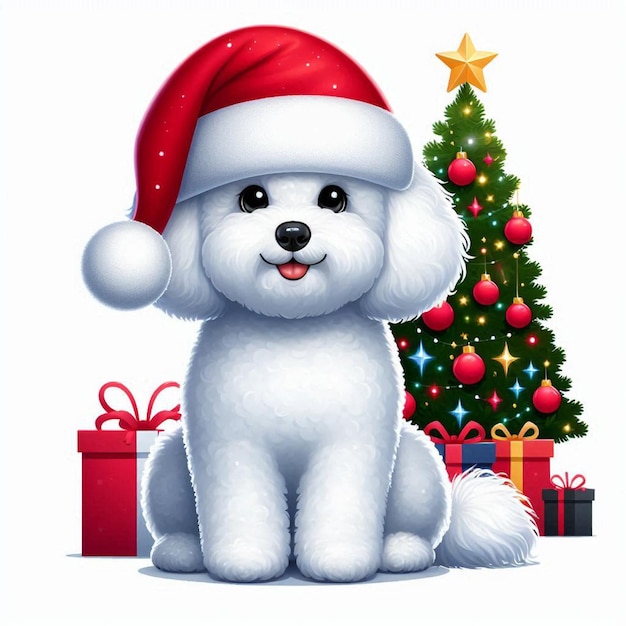 Christmas Santa Hat Bichon Frise Dogs Vector Cartoon illustration white background