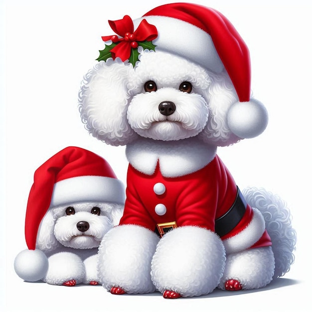 Christmas Santa Hat Bichon Frise Dogs Vector Cartoon illustration white background