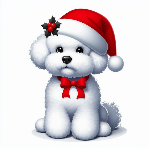 Christmas Santa Hat Bichon Frise Dogs Vector Cartoon illustration white background