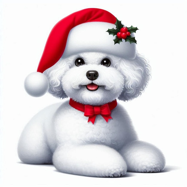 Christmas Santa Hat Bichon Frise Dogs Vector Cartoon illustration white background