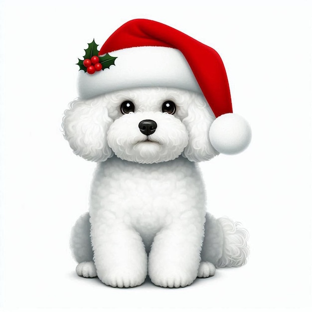 Christmas Santa Hat Bichon Frise Dogs Vector Cartoon illustration white background