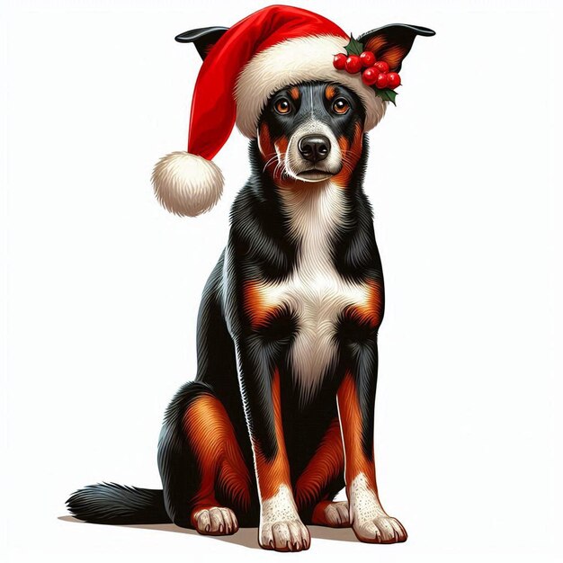 Vector christmas santa hat kelpie dog vector cartoon illustration white background