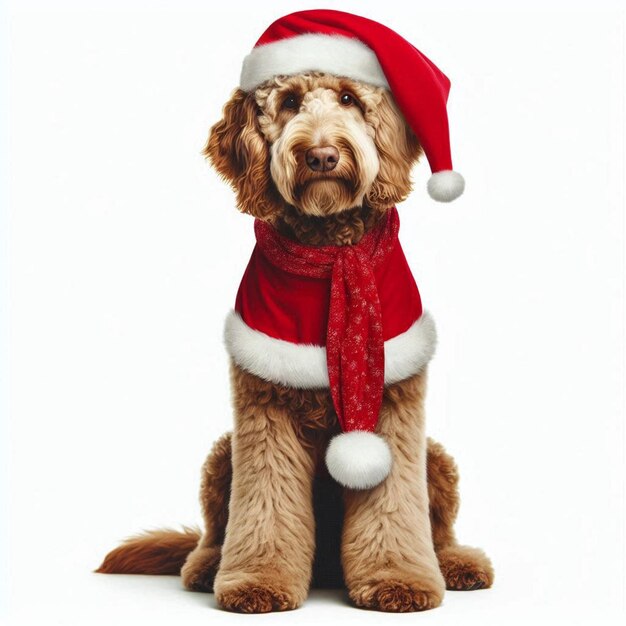 Vector christmas santa hat labradoodle dog vector cartoon illustration white background