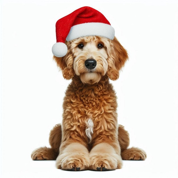 Christmas Santa Hat Labradoodle Dog Vector Cartoon illustration white background