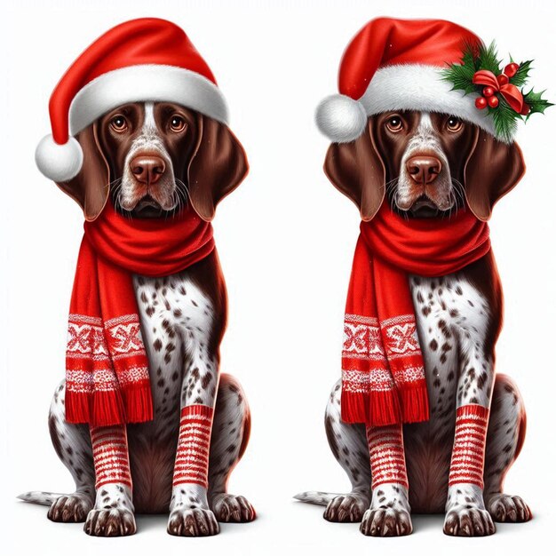 Vector christmas santa hat pointer dog vector cartoon illustration white background