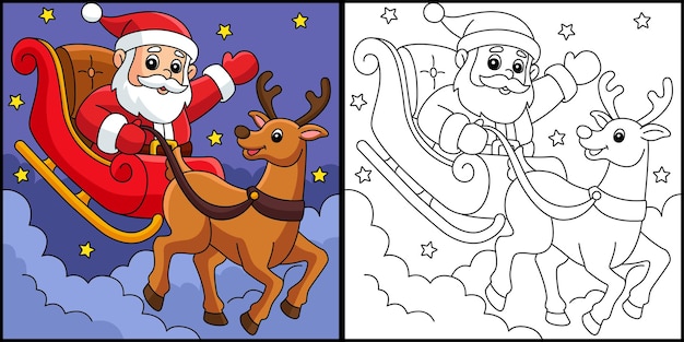 Christmas Santa Sleigh And Reindeer Coloring Page