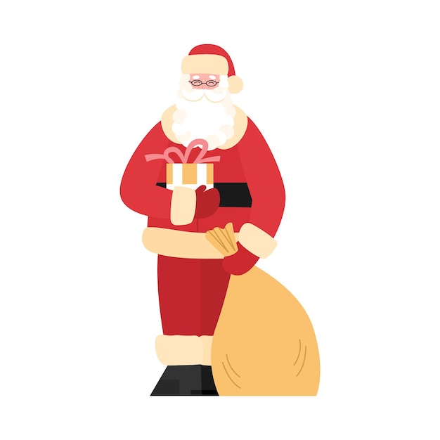 Christmas santa with sack of presents flat illustration