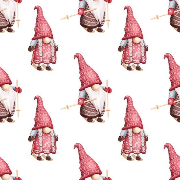 Christmas scandinavian gnomes on the skis seamless pattern