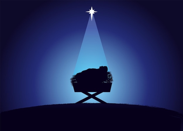 Christmas scene of baby Jesus in the manger. Silhouette surrounded by light of star. Greeting blank.