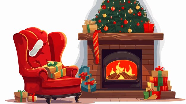 Vector a christmas scene with a fireplace and a christmas tree