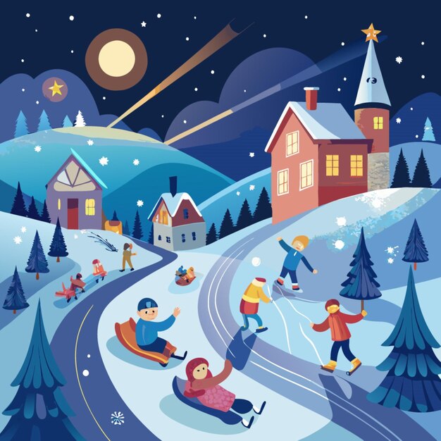 Vector a christmas scene with a house and a snowboarder and a christmas tree