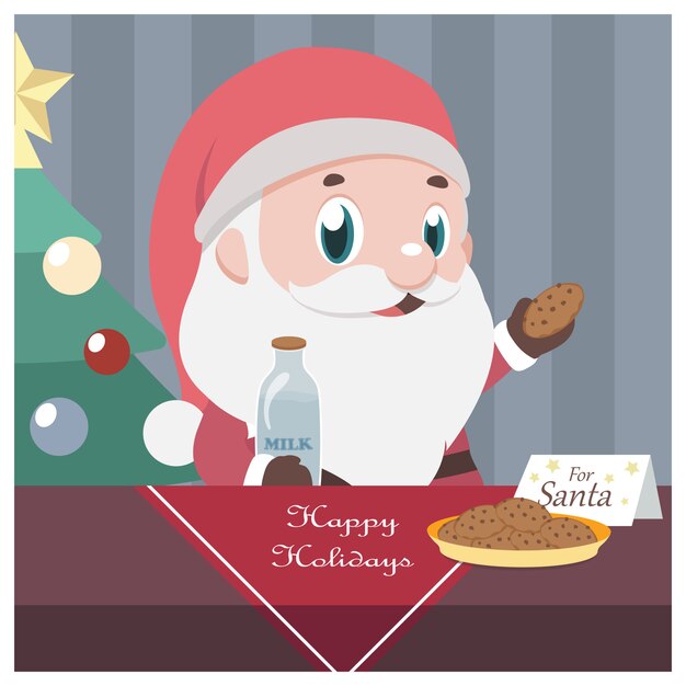 Vector christmas scene with santa taking milk and cookies