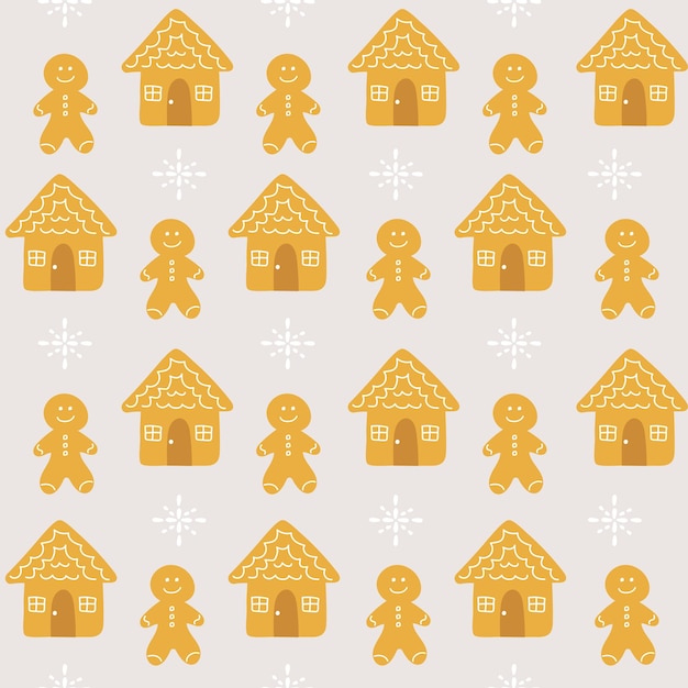 Christmas seamless background of gingerbread cookies and houses on grey