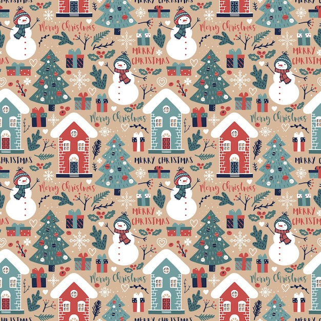 Christmas seamless background with Christmas tree snowmen winter houses and lettering MERRY CHRISTMAS