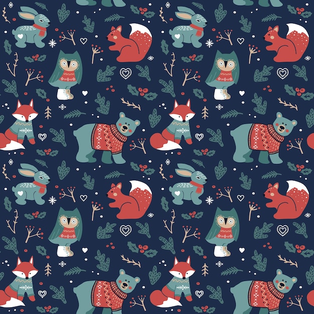 Christmas seamless background with forest animals bear owl squirrel fox