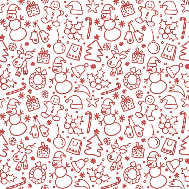 Christmas seamless background with linear christmas doodles