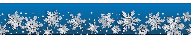 Christmas seamless banner with volume paper snowflakes with soft shadows on blue background. With horizontal repetition