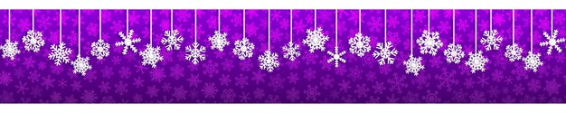 Vector christmas seamless banner with white hanging snowflakes with shadows on purple background