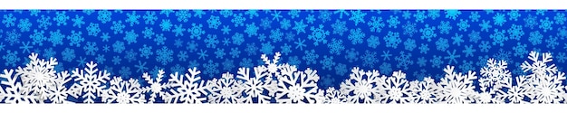 Christmas seamless banner with white snowflakes with shadows on blue background