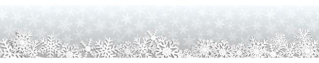 Christmas seamless banner with white snowflakes with shadows on gray background