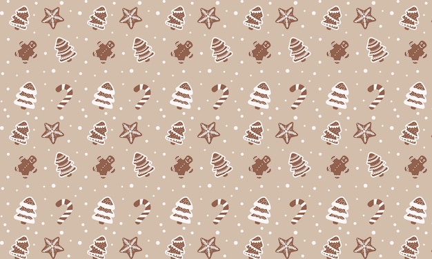 Christmas seamless beige pattern with gingerbread tree, man, snowflakes and lollipop.