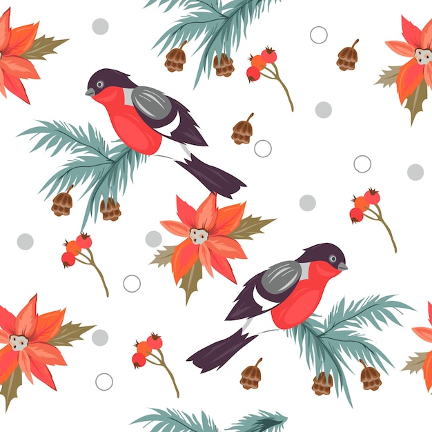 Christmas seamless endless pattern with Poinsettia flower and bullfinch vector