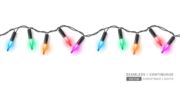 Christmas seamless lights vector design. Seamless sparkling xmas light with hanging colorful glowing