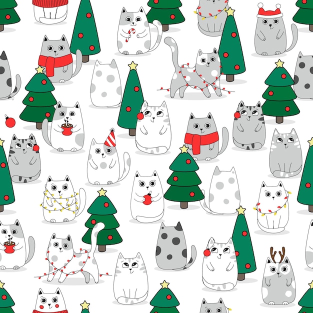 Christmas Seamless pattern background cute kittens in snow for winter Doodle style