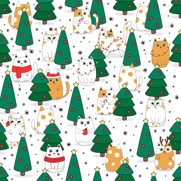 Christmas Seamless pattern background cute kittens in snow for winter Doodle style