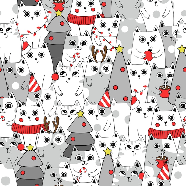 Christmas Seamless pattern background cute kittens in snow for winter Doodle style