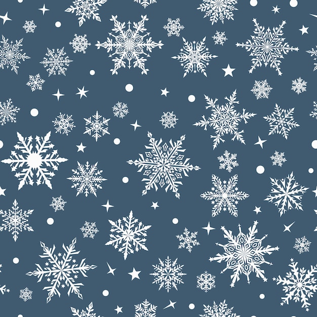 Christmas seamless pattern of beautiful complex snowflakes in gray and white colors Winter background with falling snow